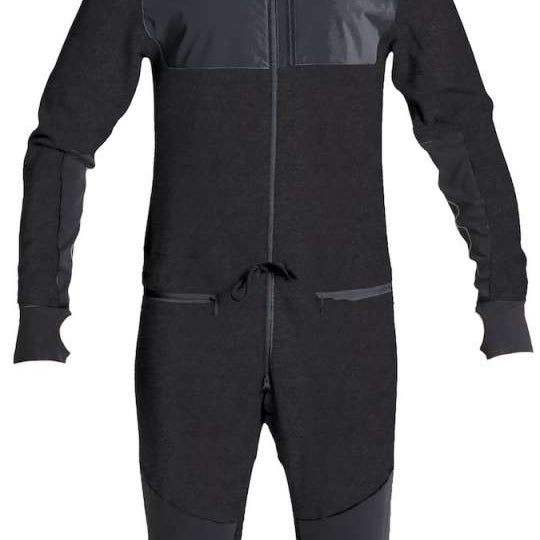 Airblaster Ninja Suit Pro II 2024 - Black snowsuit with a star logo on the chest and a zipper down the front.