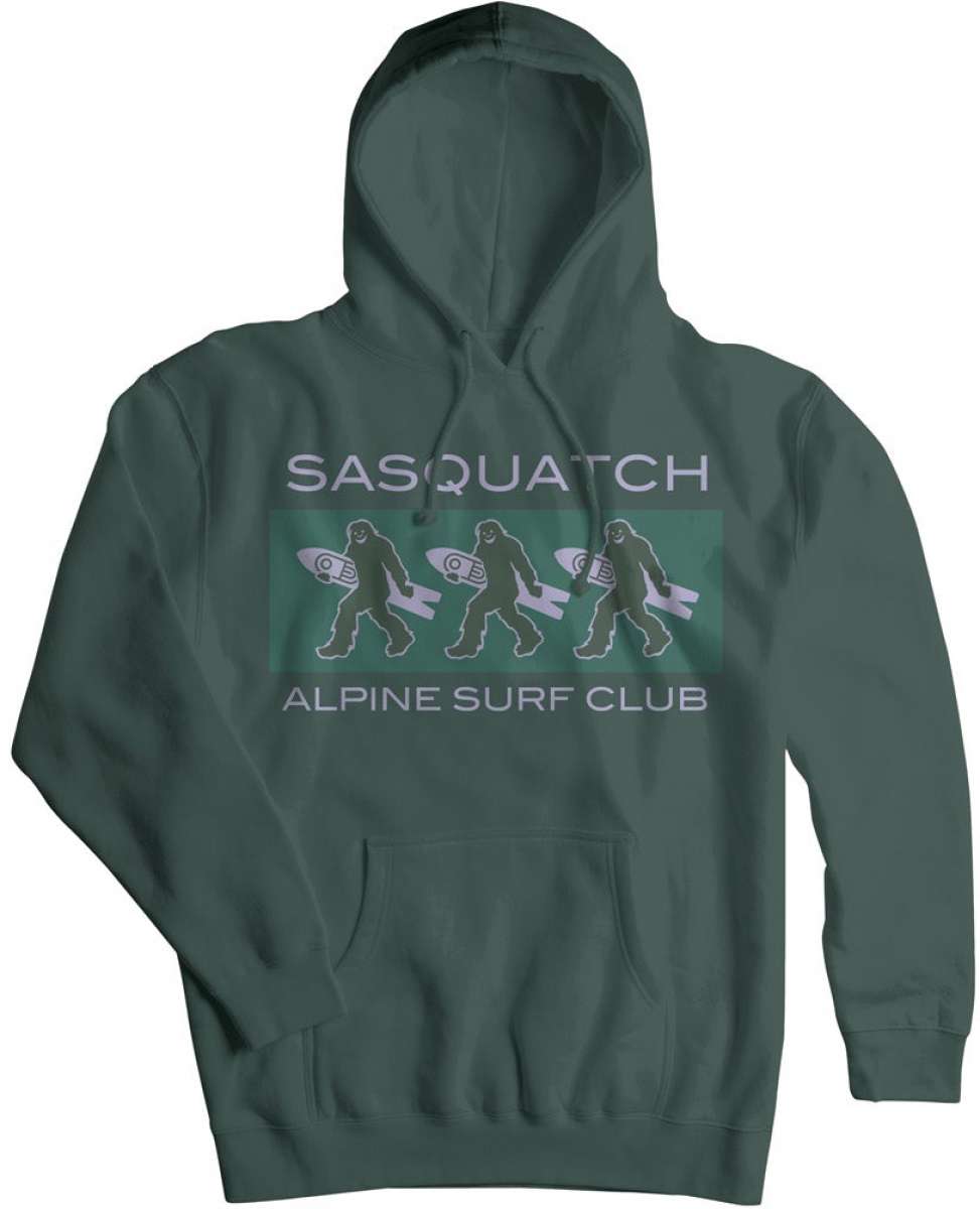 Airblaster Sasquatch ASC Hoodie 2023 - A dark green hoodie with a large, stylized "Sasquatch" logo on the front in light gray and white.
