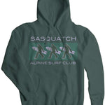 Airblaster Sasquatch ASC Hoodie 2023 - A dark green hoodie with a large, stylized "Sasquatch" logo on the front in light gray and white.