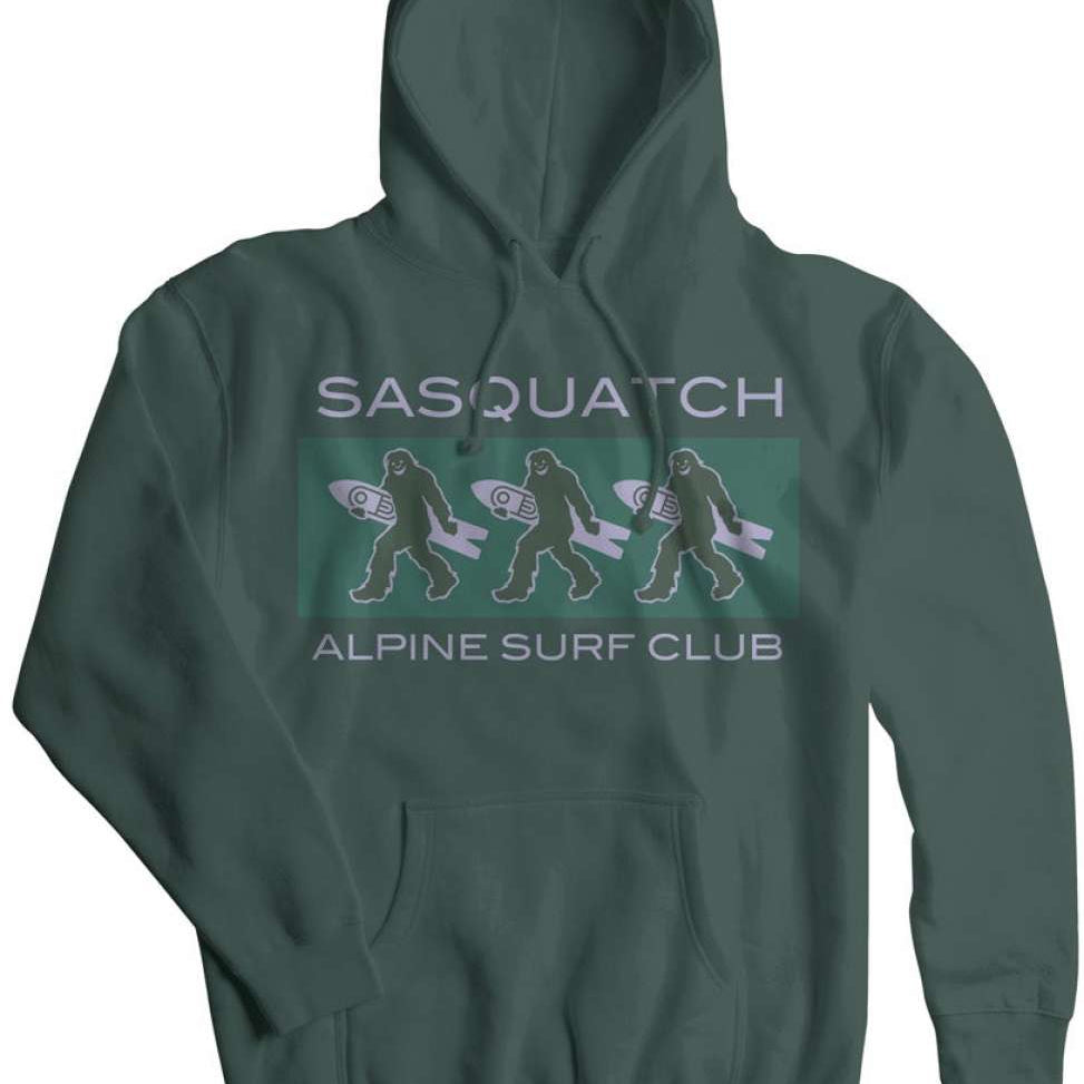 Airblaster Sasquatch ASC Hoodie 2023 - A dark green hoodie with a large, stylized "Sasquatch" logo on the front in light gray and white.