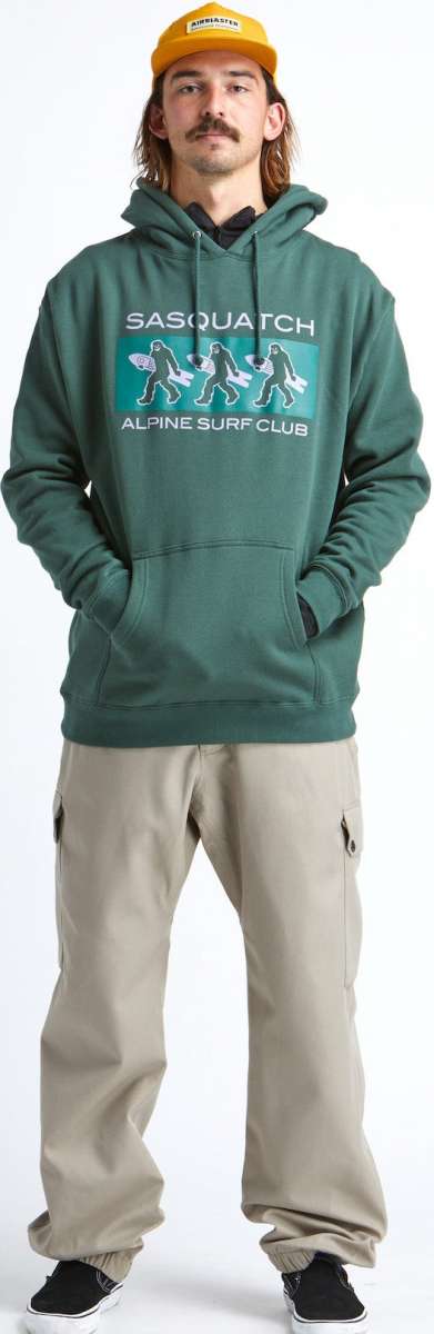 Airblaster Sasquatch ASC Hoodie 2023 - A forest green hoodie with a graphic of three Sasquatches carrying snowboards on it.