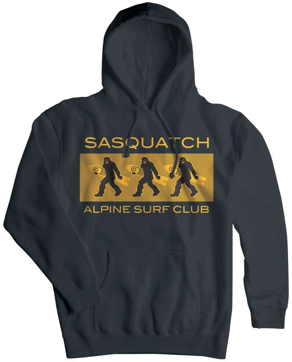 Airblaster Sasquatch ASC Hoodie 2023 - A black hoodie with a graphic of three Sasquatches in various poses, each holding a snowboard.