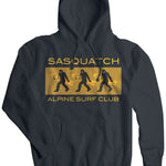 Airblaster Sasquatch ASC Hoodie 2023 - A black hoodie with a graphic of three Sasquatches in various poses, each holding a snowboard.