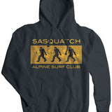 Airblaster Sasquatch ASC Hoodie 2023 - A black hoodie with a graphic of three Sasquatches in various poses, each holding a snowboard.