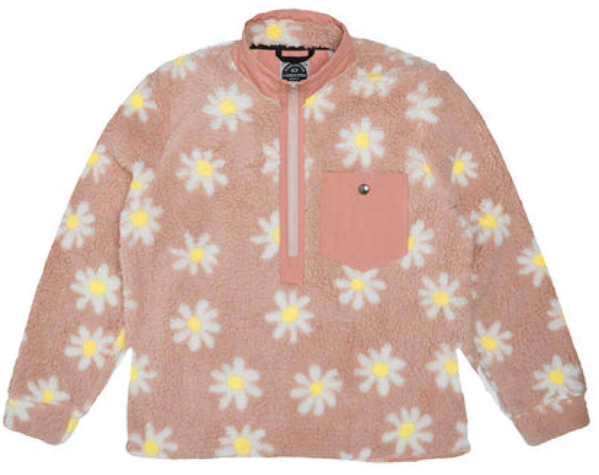 Airblaster Sherpa Half Zip Fleece Jacket 2024 - A dusty rose-colored fleece jacket with a repeating pattern of white daisies and yellow centers.