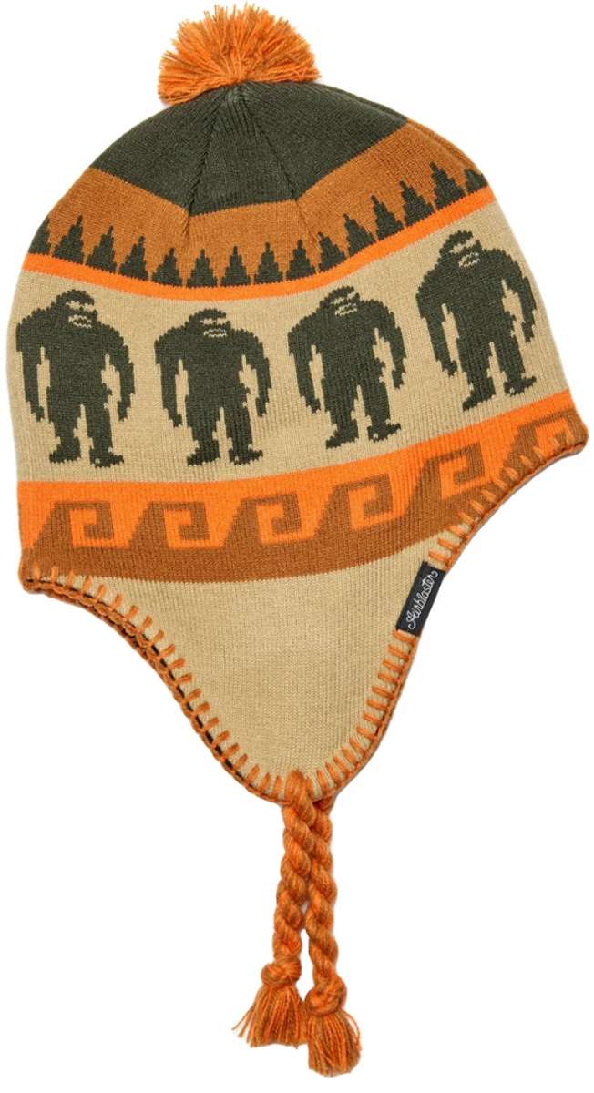 Airblaster Squatchmama Knit Beanie 2024 - Tan beanie with a repeating pattern of four Bigfoot-like creatures in dark green, surrounded by an orange border and a tan background.