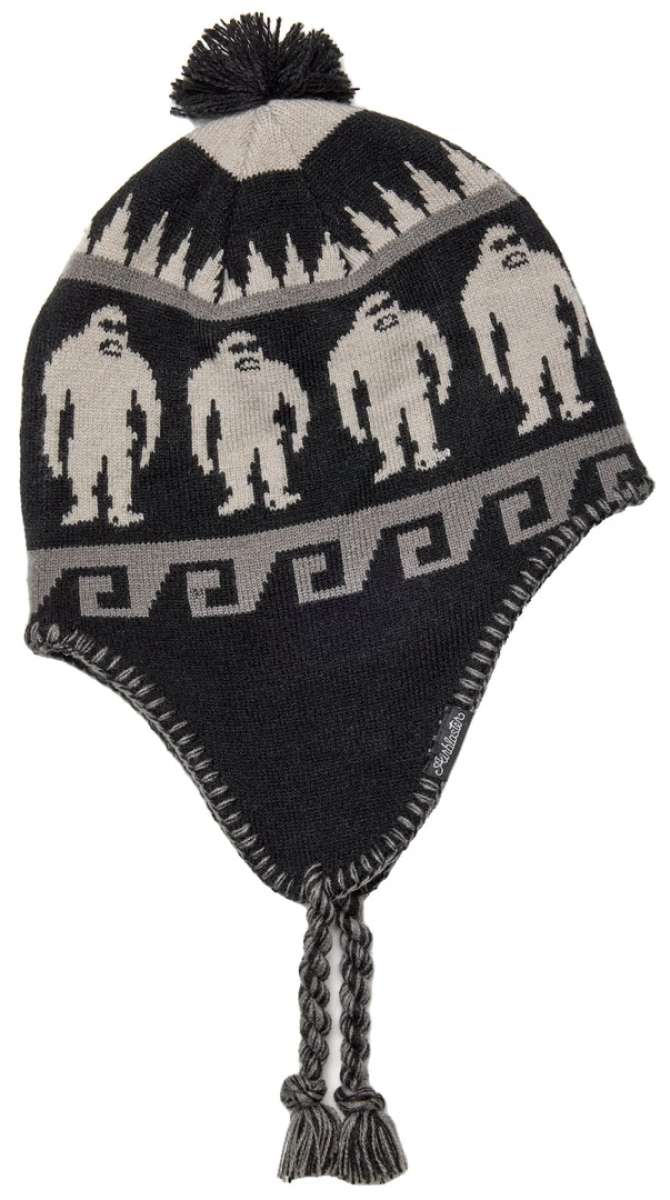 Airblaster Squatchmama Knit Beanie 2024 - A black beanie with a white yeti design and pom-pom on top.