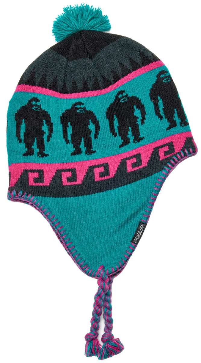 Airblaster Squatchmama Knit Beanie 2024 - A black beanie with a pink stripe and four Bigfoot silhouettes in a row across the top.