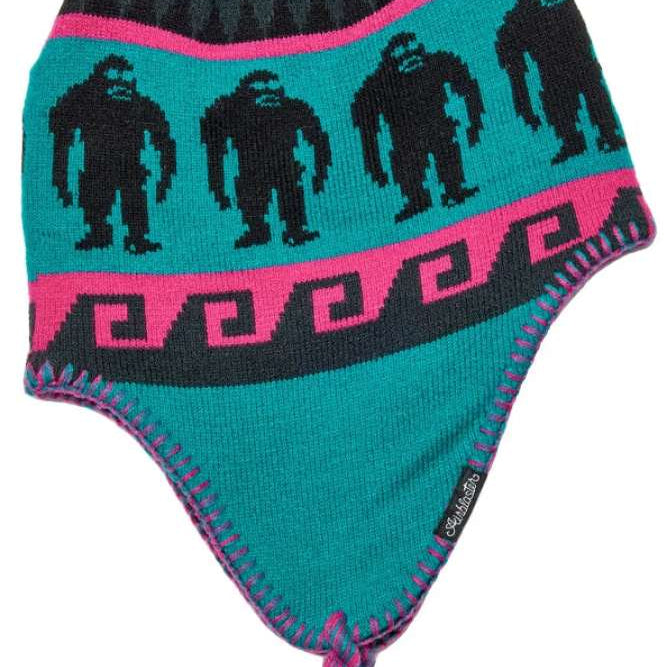 Airblaster Squatchmama Knit Beanie 2024 - A black beanie with a pink stripe and four Bigfoot silhouettes in a row across the top.