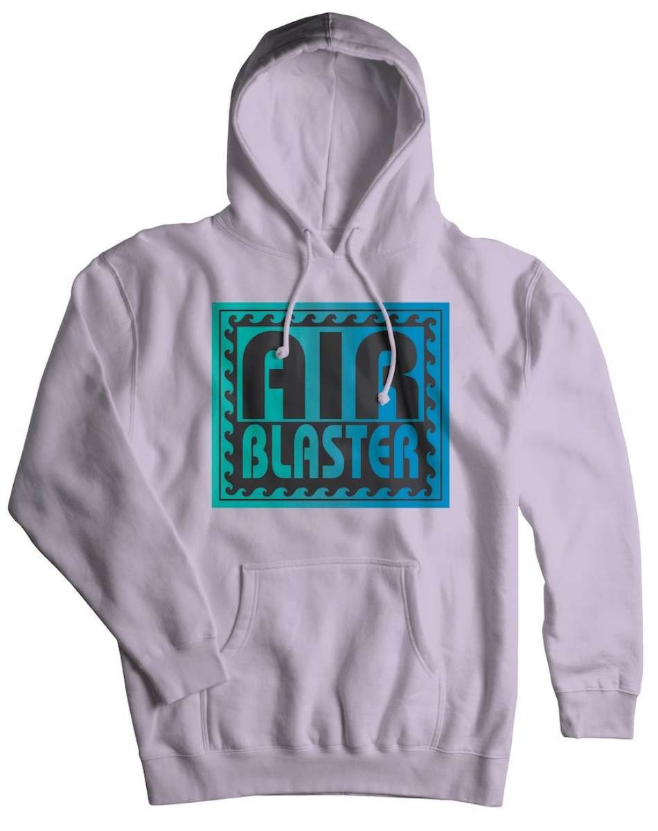 Airblaster Surf Stack Pullover Hoodie 2024 - A white hoodie with a large, rectangular graphic on the chest featuring the words "AIR BLASTER" in black letters outlined in teal.