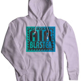 Airblaster Surf Stack Pullover Hoodie 2024 - A white hoodie with a large, rectangular graphic on the chest featuring the words "AIR BLASTER" in black letters outlined in teal.
