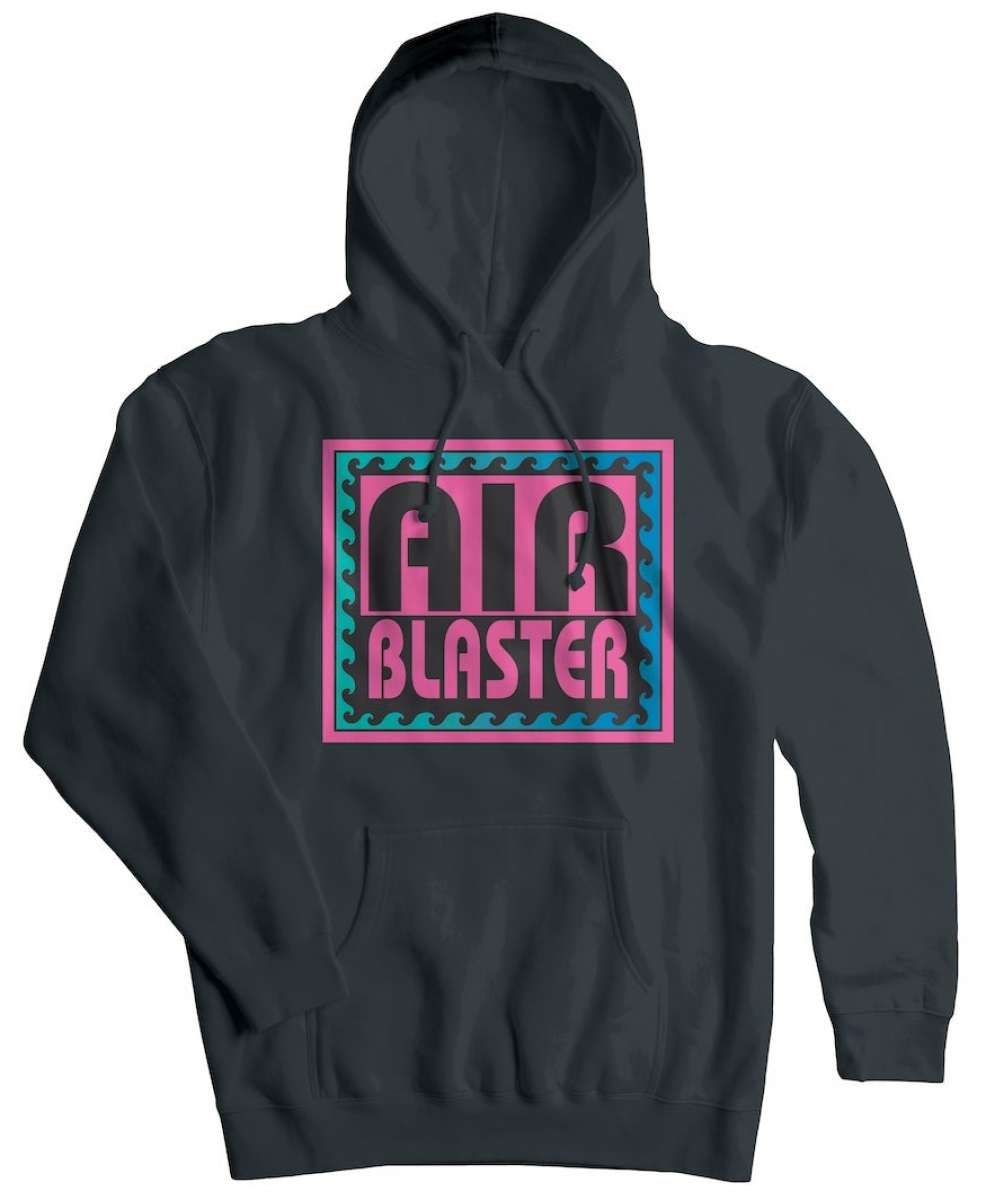 Airblaster Surf Stack Pullover Hoodie 2024 - A black hoodie with a pink and blue logo that says "AIR BLASTER" in large letters.