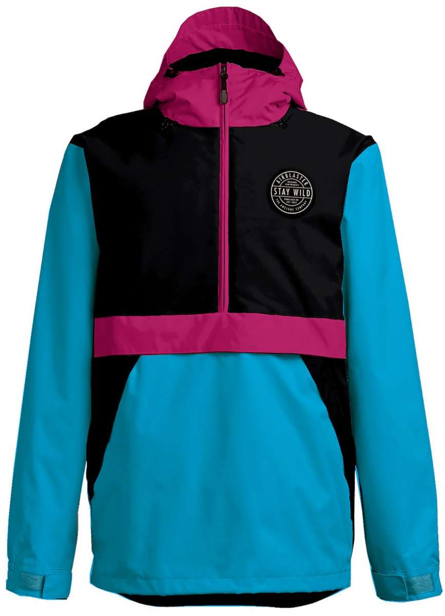 Airblaster Trenchover Half Zip Shell Jacket 2024 - A black jacket with a zippered front and two pockets on either side, featuring a white logo that reads "Airblaster" in the upper right corner.