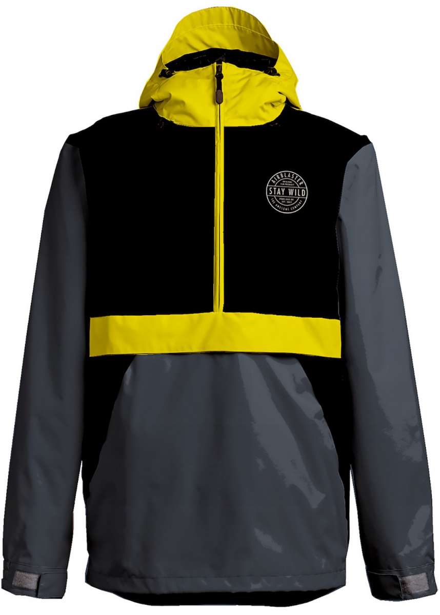 Airblaster Trenchover Half Zip Shell Jacket 2024 - A black and grey jacket with a yellow zipper and hood.