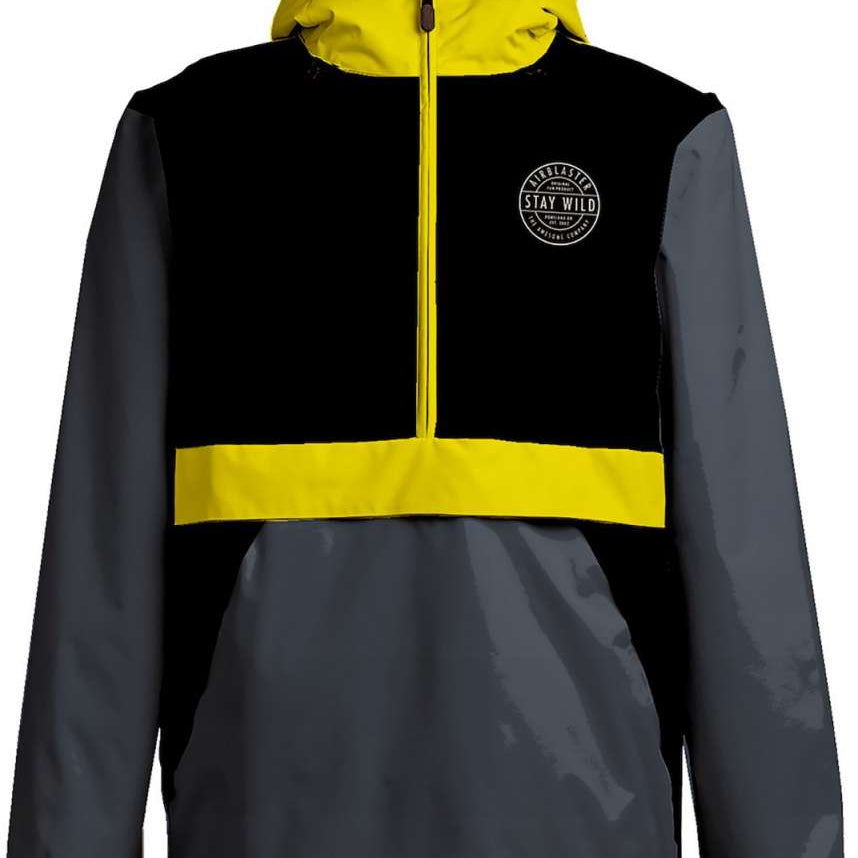 Airblaster Trenchover Half Zip Shell Jacket 2024 - A black and grey jacket with a yellow zipper and hood.