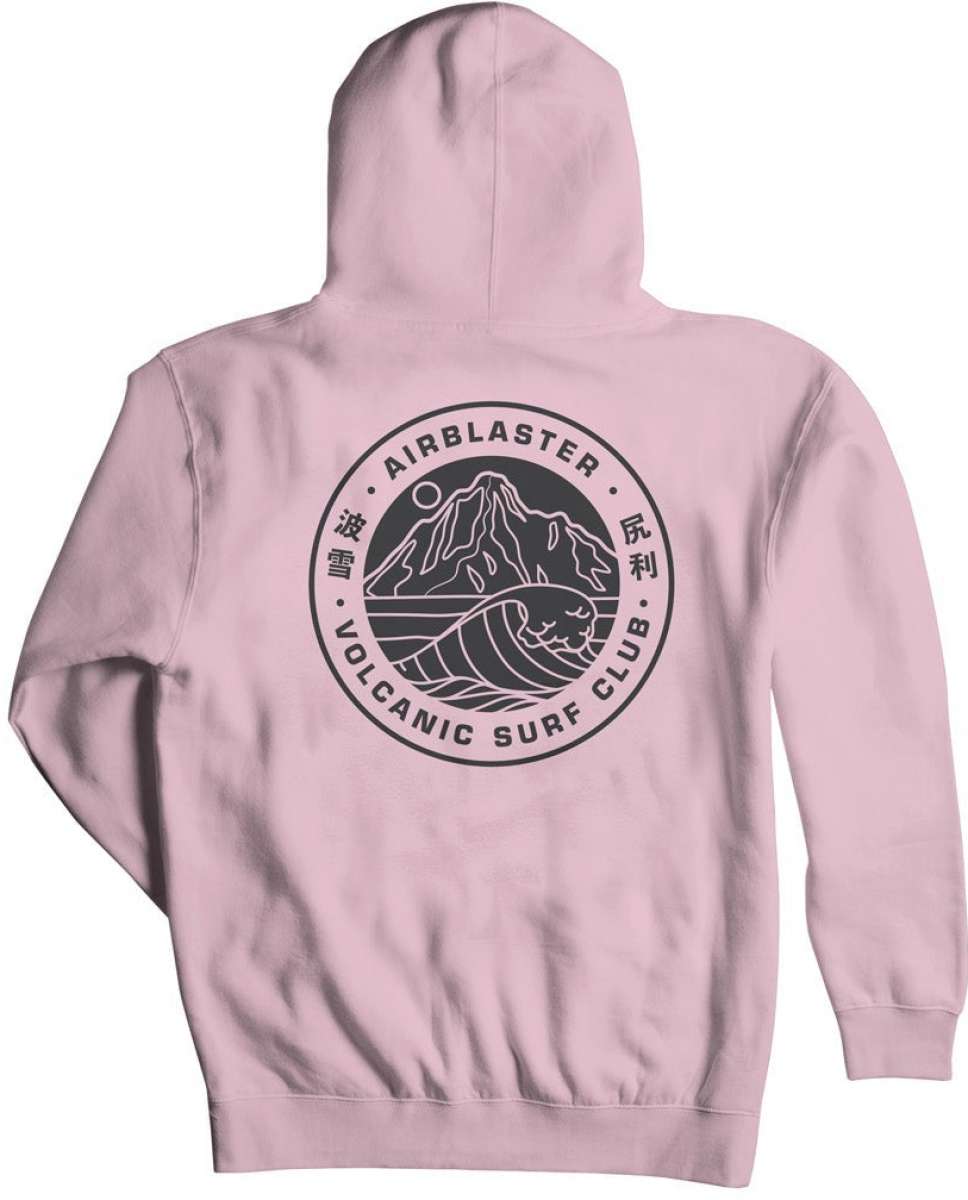 Airblaster Volcanic Surf Club Hoodie 2023 - A light pink hoodie with a circular logo on the front featuring a white line drawing of mountains and waves, surrounded by black text in English and Chinese.