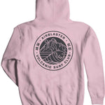 Airblaster Volcanic Surf Club Hoodie 2023 - A light pink hoodie with a circular logo on the front featuring a white line drawing of mountains and waves, surrounded by black text in English and Chinese.