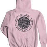 Airblaster Volcanic Surf Club Hoodie 2023 - A light pink hoodie with a circular logo on the front featuring a white line drawing of mountains and waves, surrounded by black text in English and Chinese.