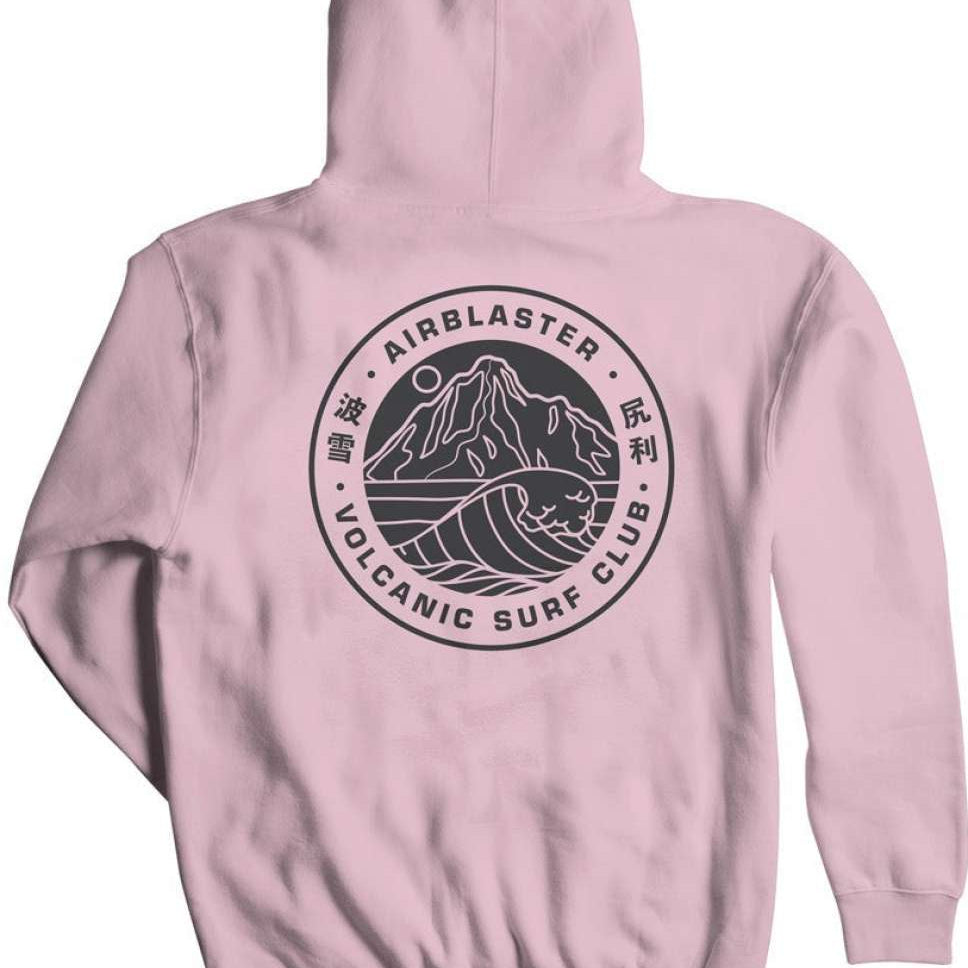 Airblaster Volcanic Surf Club Hoodie 2023 - A light pink hoodie with a circular logo on the front featuring a white line drawing of mountains and waves, surrounded by black text in English and Chinese.