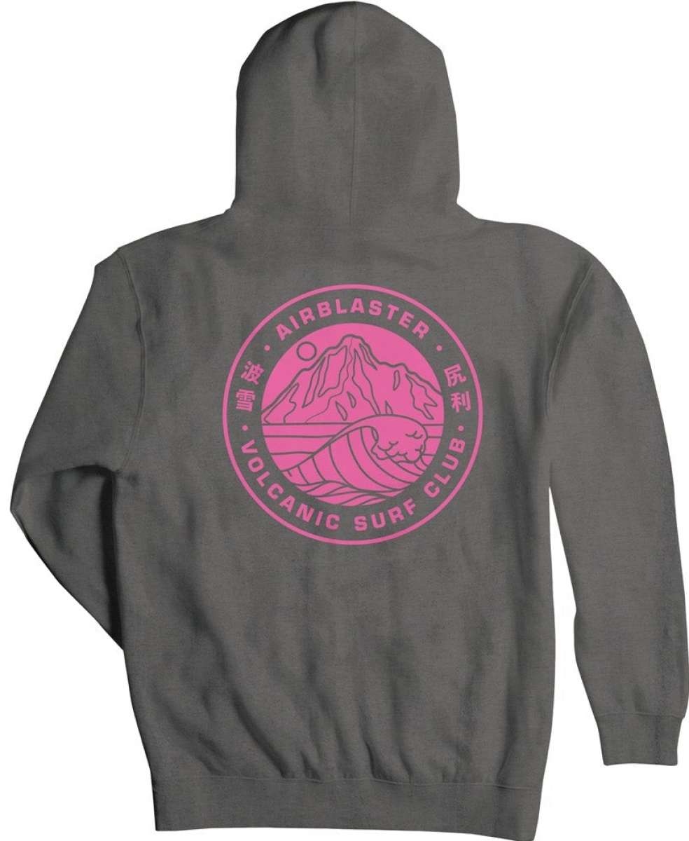 Airblaster Volcanic Surf Club Hoodie 2023 - A gray hoodie with a pink logo featuring a mountain and wave design.
