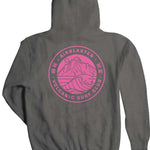 Airblaster Volcanic Surf Club Hoodie 2023 - A gray hoodie with a pink logo featuring a mountain and wave design.