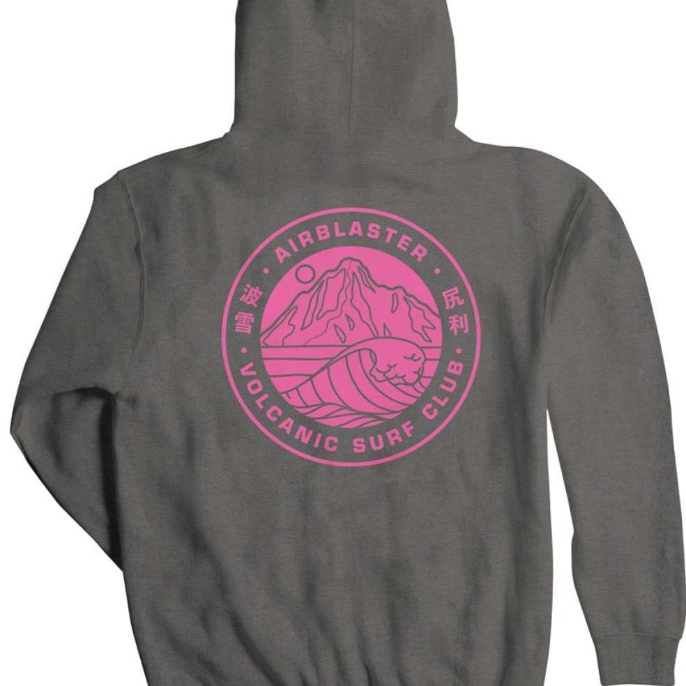 Airblaster Volcanic Surf Club Hoodie 2023 - A gray hoodie with a pink logo featuring a mountain and wave design.