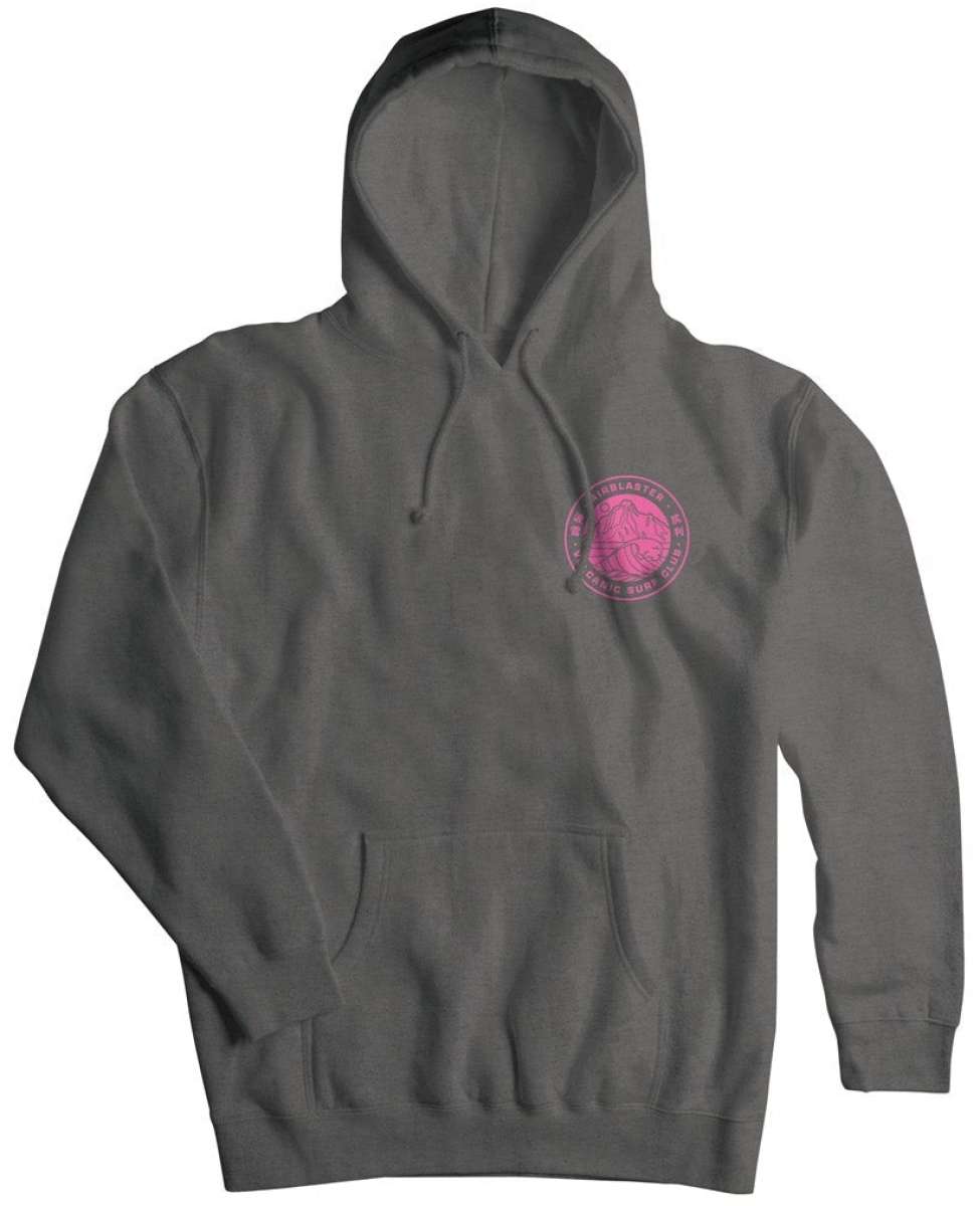 Airblaster Volcanic Surf Club Hoodie 2023 - A dark gray hoodie with a pink logo on the chest featuring a volcano and the words "Volcanic Surf Club".