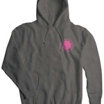 Airblaster Volcanic Surf Club Hoodie 2023 - A dark gray hoodie with a pink logo on the chest featuring a volcano and the words "Volcanic Surf Club".