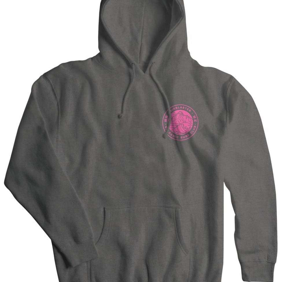Airblaster Volcanic Surf Club Hoodie 2023 - A dark gray hoodie with a pink logo on the chest featuring a volcano and the words "Volcanic Surf Club".