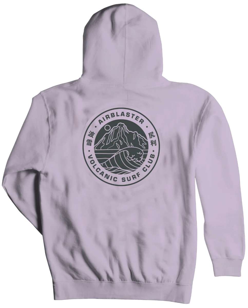 Airblaster Volcanic Surf Club Hoodie 2024 - A light gray hoodie with a circular logo on the front featuring a mountain and wave design in dark gray, surrounded by Japanese characters and text reading "Volcanic Surf Club".