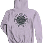 Airblaster Volcanic Surf Club Hoodie 2024 - A light gray hoodie with a circular logo on the front featuring a mountain and wave design in dark gray, surrounded by Japanese characters and text reading "Volcanic Surf Club".