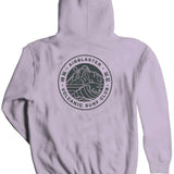 Airblaster Volcanic Surf Club Hoodie 2024 - A light gray hoodie with a circular logo on the front featuring a mountain and wave design in dark gray, surrounded by Japanese characters and text reading "Volcanic Surf Club".