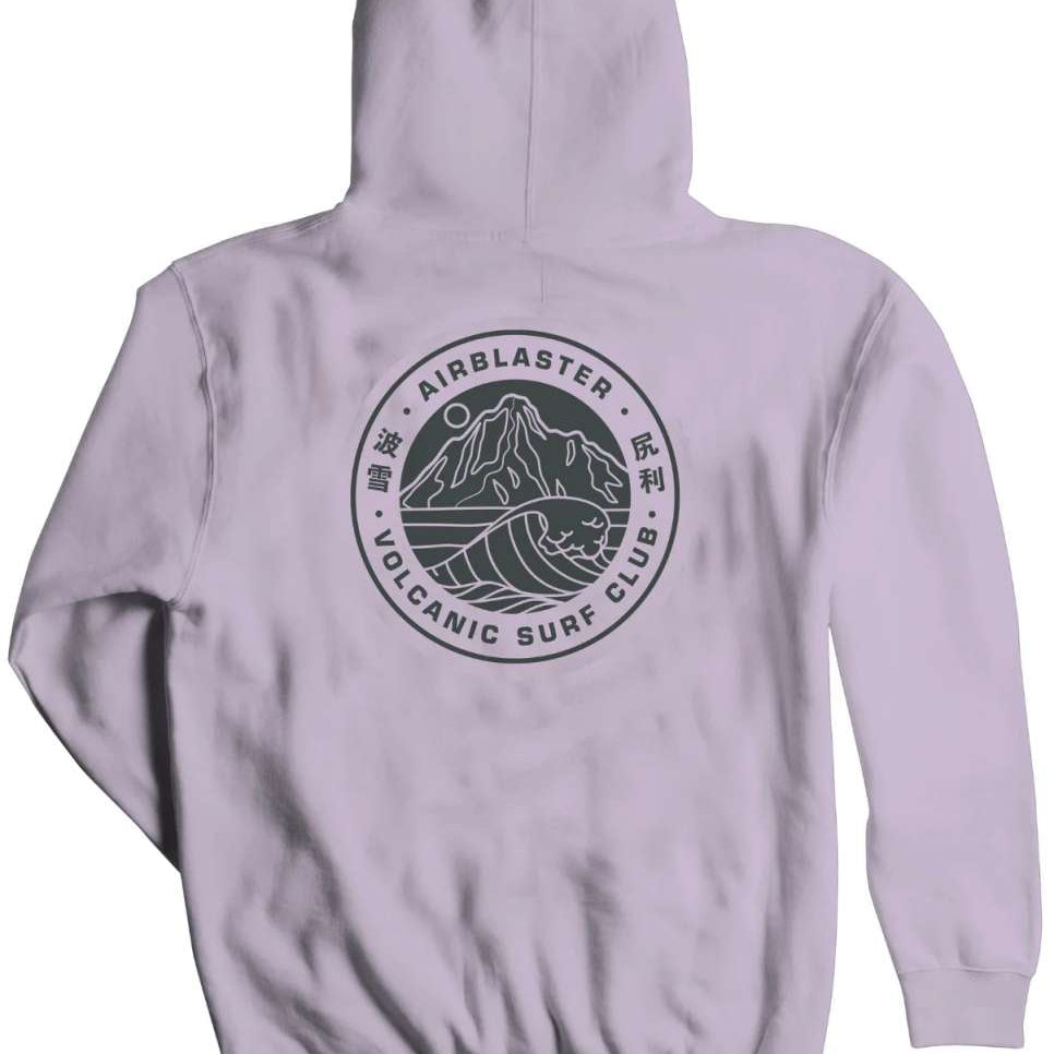Airblaster Volcanic Surf Club Hoodie 2024 - A light gray hoodie with a circular logo on the front featuring a mountain and wave design in dark gray, surrounded by Japanese characters and text reading "Volcanic Surf Club".