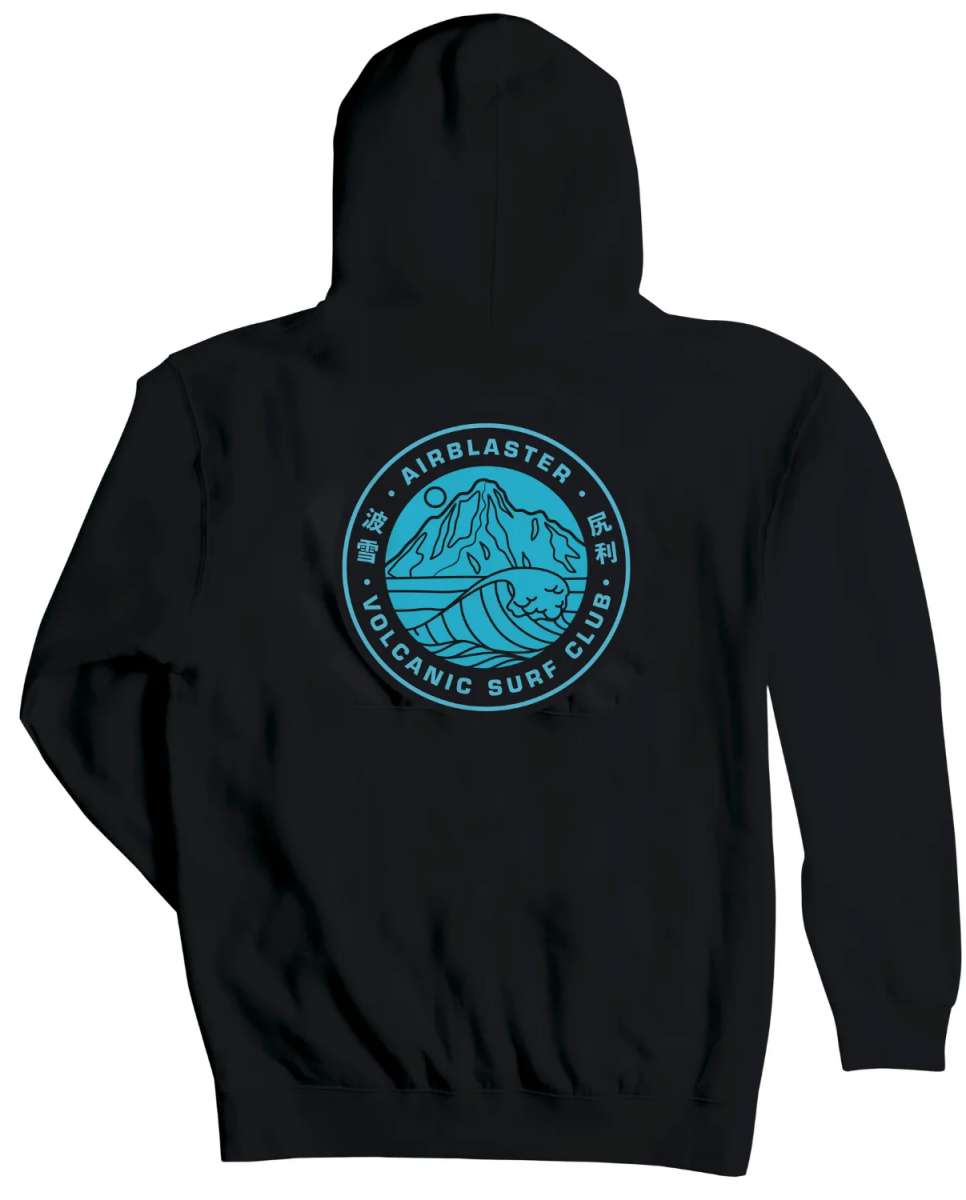 Airblaster Volcanic Surf Club Hoodie 2024 - A black hoodie with a light blue logo featuring a mountain and wave design.