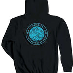 Airblaster Volcanic Surf Club Hoodie 2024 - A black hoodie with a light blue logo featuring a mountain and wave design.