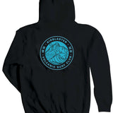 Airblaster Volcanic Surf Club Hoodie 2024 - A black hoodie with a light blue logo featuring a mountain and wave design.