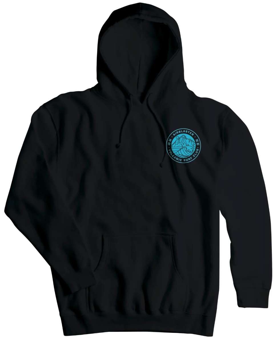 Airblaster Volcanic Surf Club Hoodie 2024 - A black hoodie with a blue logo on the chest featuring a volcano and waves.