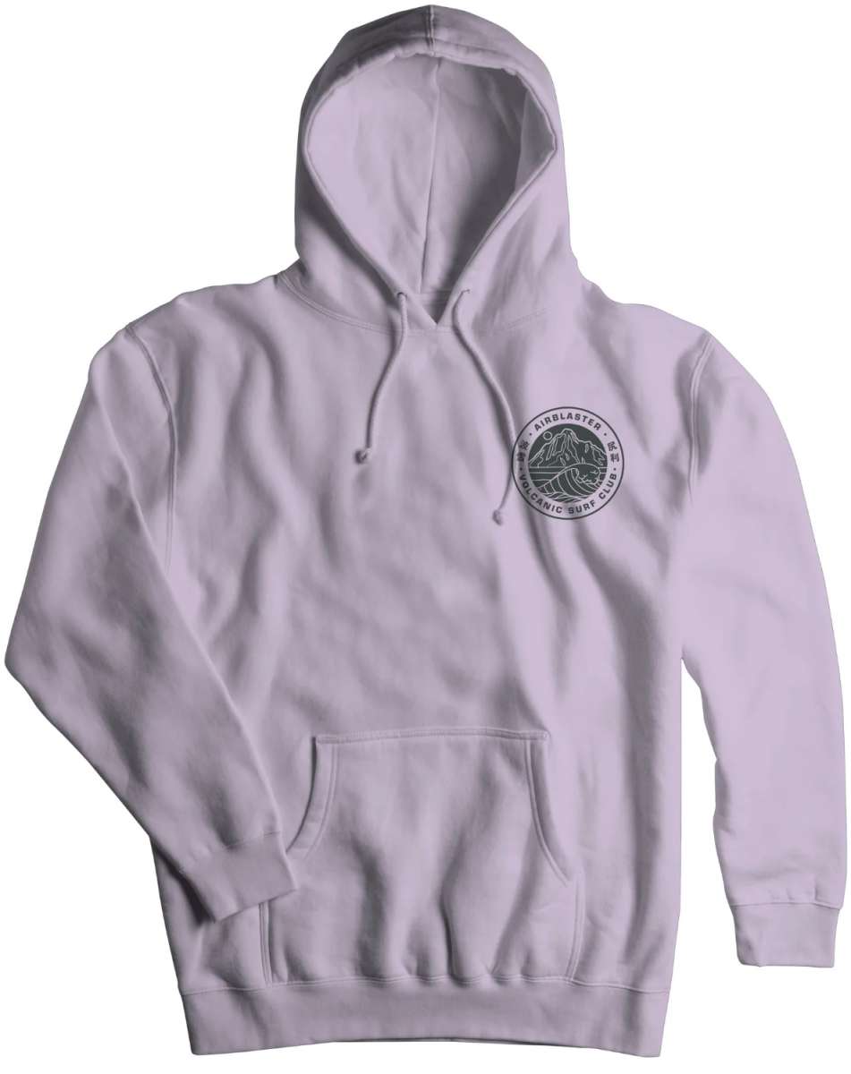Airblaster Volcanic Surf Club Hoodie 2024 - A light gray hoodie with a circular logo on the chest featuring a volcano and waves, surrounded by the words "Airblaster" and "Volcanic Surf Club".