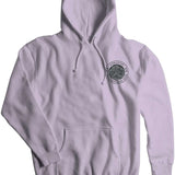 Airblaster Volcanic Surf Club Hoodie 2024 - A light gray hoodie with a circular logo on the chest featuring a volcano and waves, surrounded by the words "Airblaster" and "Volcanic Surf Club".