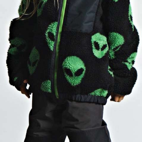 Airblaster Youth Double Puffing Insulated Jacket - Black jacket with green alien print and lime-green zipper.