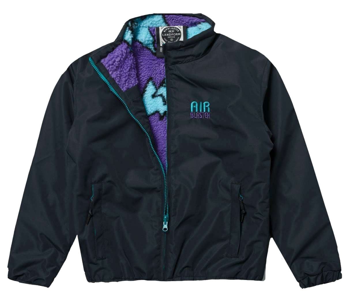 Airblaster Youth Double Puffing Insulated Jacket 2023 - A black jacket with a purple and light blue patterned lining visible inside.