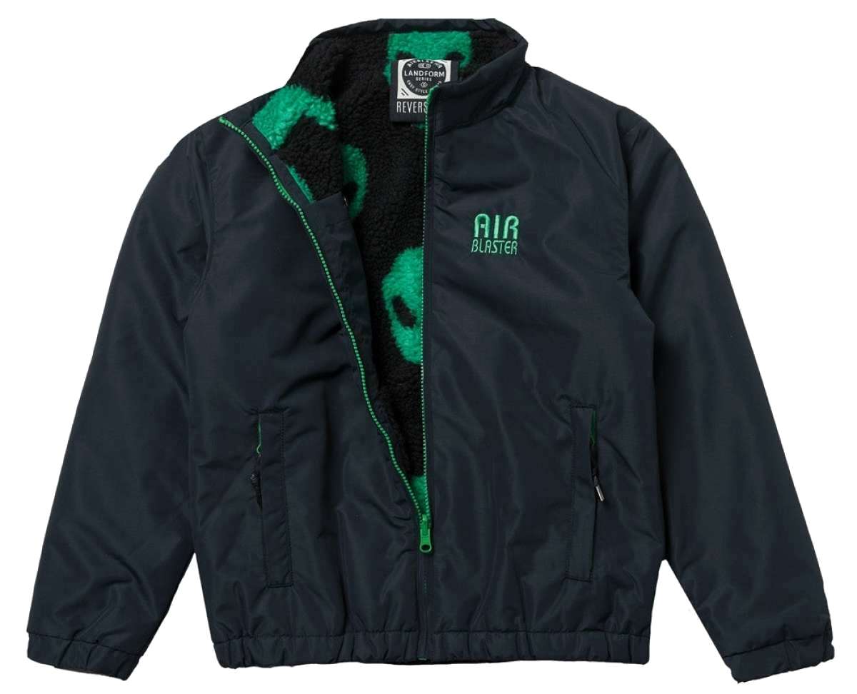 Airblaster Youth Double Puffing Insulated Jacket 2023 - Black jacket with green accents and a fuzzy, black-and-green patterned lining visible inside.