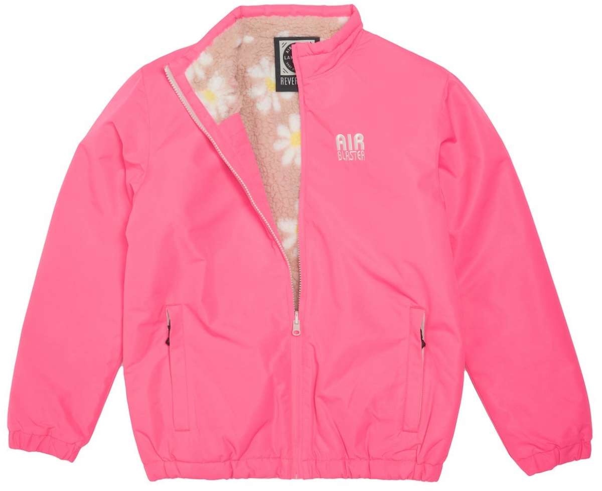 Airblaster Junior's Double Puffling Insulated Jacket 2024 - A bright pink jacket with a white zipper and two zippered pockets on either side of the waist.