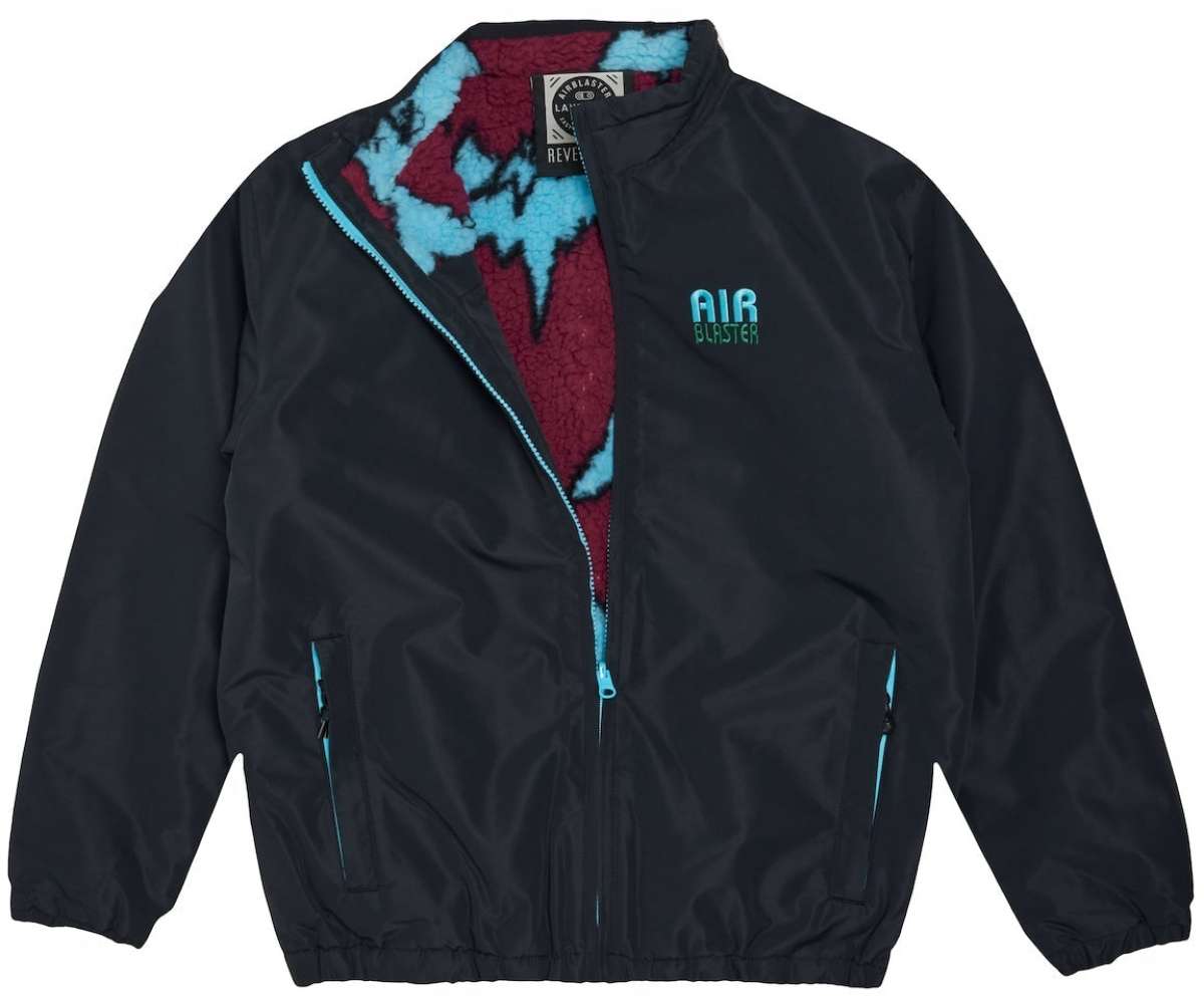 Airblaster Junior's Double Puffling Insulated Jacket 2024 - Black jacket with light blue zipper and accents, featuring a red fleece lining visible through the open zipper.