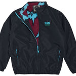 Airblaster Junior's Double Puffling Insulated Jacket 2024 - Black jacket with light blue zipper and accents, featuring a red fleece lining visible through the open zipper.