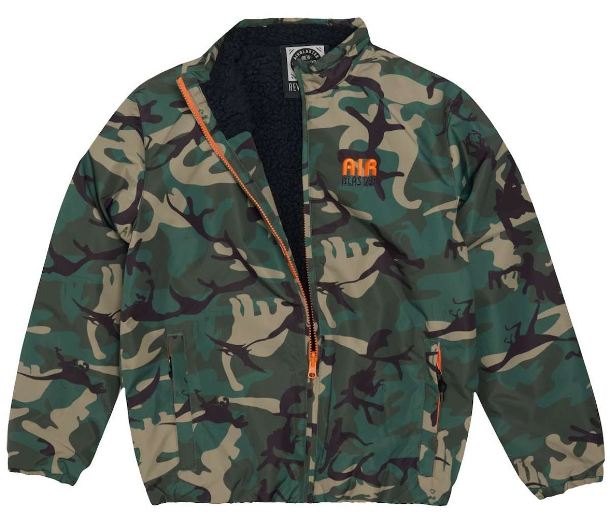 Airblaster Junior's Double Puffling Insulated Jacket 2024 - A green and black camouflage jacket with a zipper down the front.
