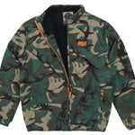 Airblaster Junior's Double Puffling Insulated Jacket 2024 - A green and black camouflage jacket with a zipper down the front.