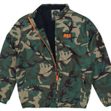 Airblaster Junior's Double Puffling Insulated Jacket 2024 - A green and black camouflage jacket with a zipper down the front.