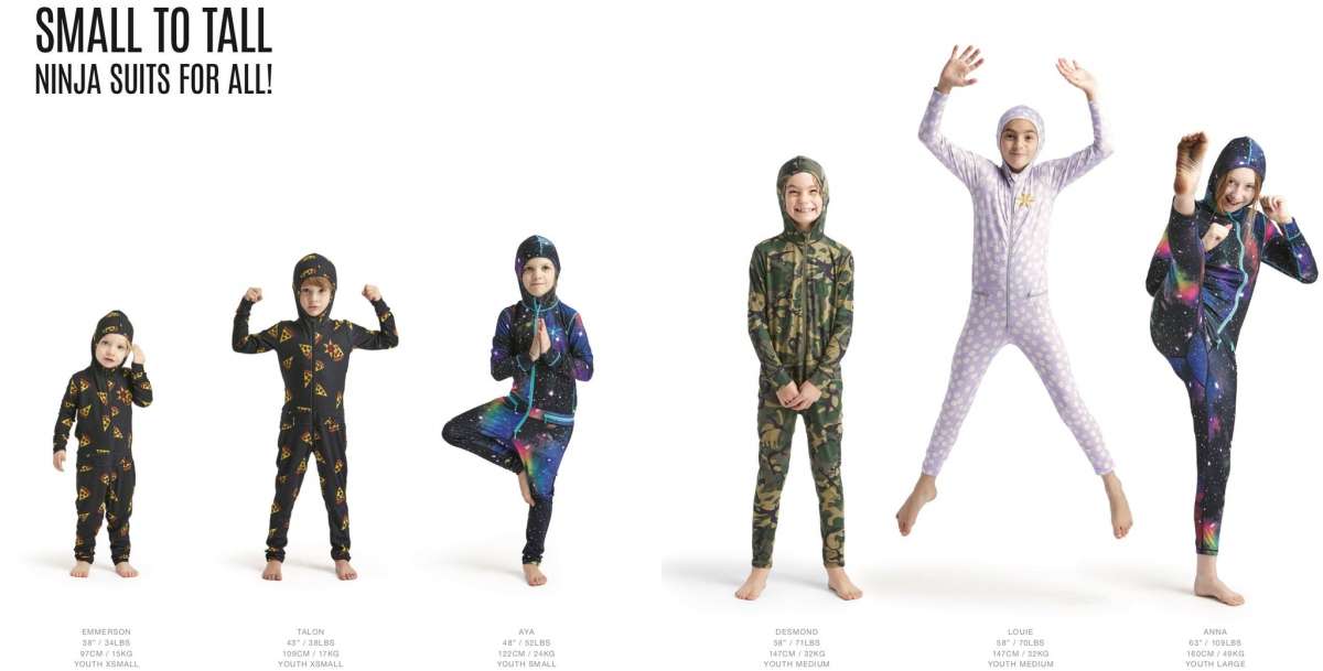 Airblaster Junior's Ninja Suit 2023 - Black ninja suit with yellow and red logos on chest, arms, and legs.