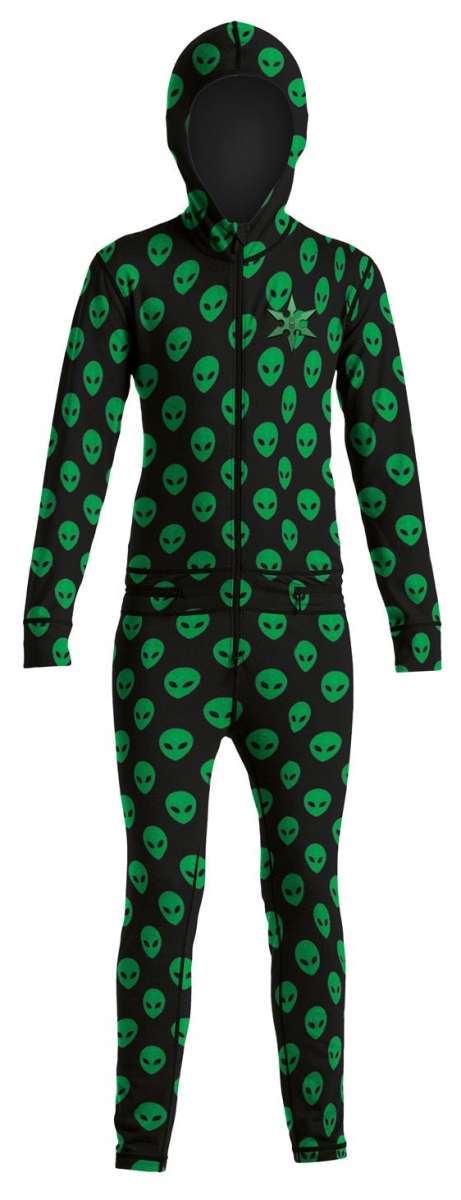 Airblaster Junior's Ninja Suit 2023 - Black onesie with green alien faces all over.